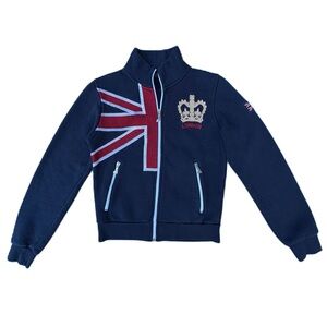 London England Nas Embroidered Navy Blue Red Full Zip Up Sweatshirt Sweater